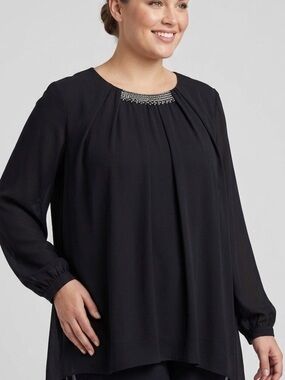 MANDY EVANS Dark Gray Long Sleeve Blouse Crystal Accents 2X
